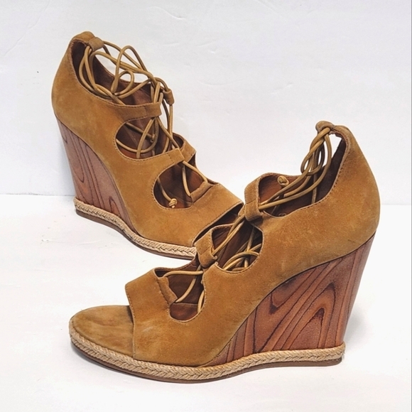 Tory‎ Burch Raya Suede Lace Up Wedges Sandals - Picture 4 of 11
